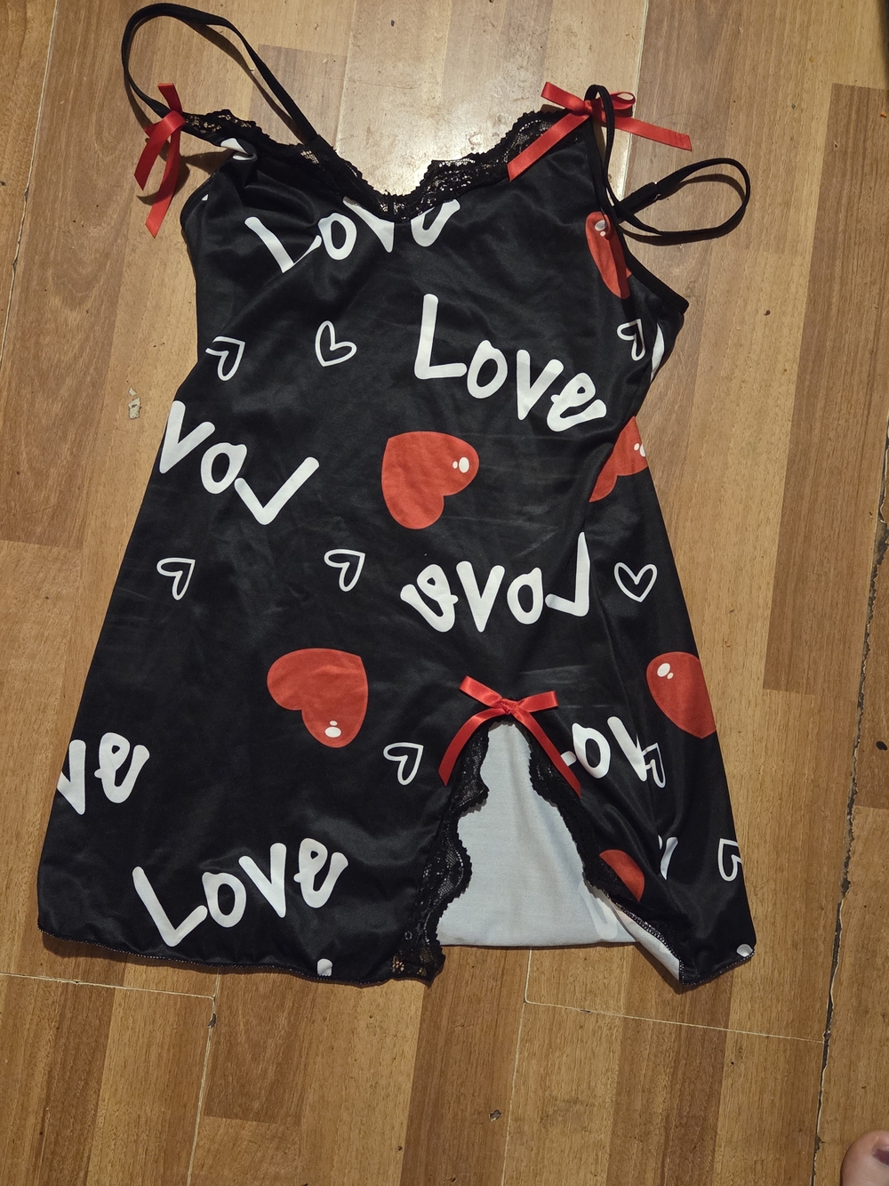 Black Love & Heart Satin Lingerie Slip with Red Bows & Black Top With Pink Bow.
